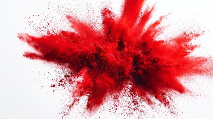 Dynamic burst of vibrant red powder radiating outward against a stark white background, conveying energy and movement.