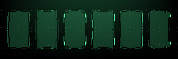 Green futuristic hud vector graphics frame set. Digital game interface menu element for sci fi or virtual reality design. Display template. © hiten666