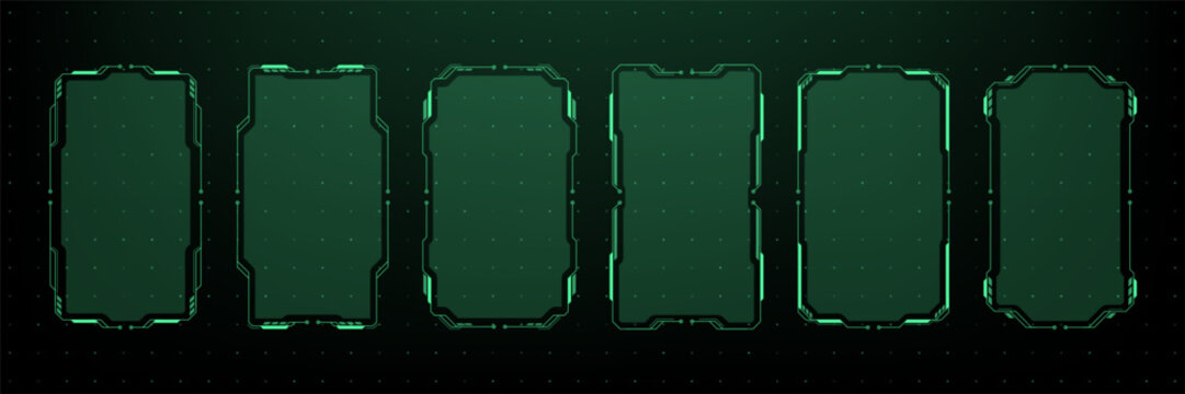 Green futuristic hud vector graphics frame set. Digital game interface menu element for sci fi or virtual reality design. Display template.