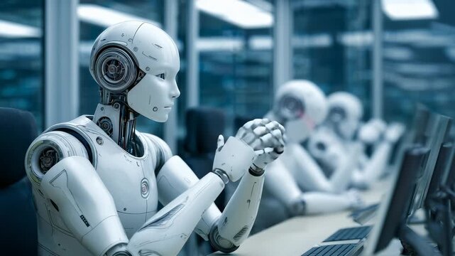 White humanoid robot contemplating complex task at workstation, surrounded by robotic workers in sleek glass-partitioned office with blurred blue technological background