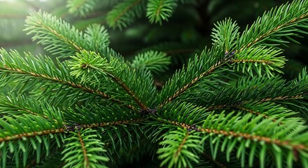 Closeup of vibrant green pine needles with soft sunlight filtering through