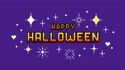 Happy Halloween text written in pixel art style. Celebration greeting card or scary banner concept. Retro video game graphic design.