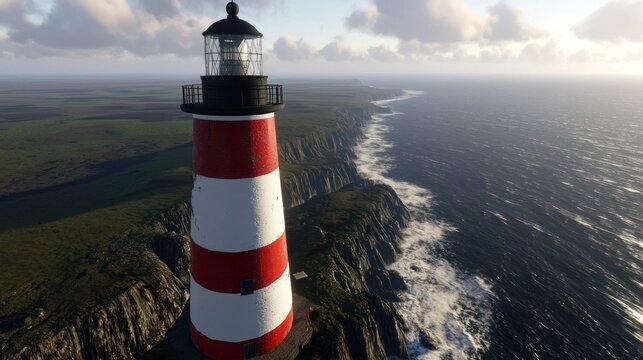 Striking Lighthouse on Coastal Cliffs Under an Expansive Sky Beacon Guiding Ships Safely