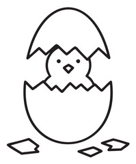 Obraz premium Cute chick emerging from cracked egg in simple black and white line art - stock vector