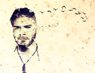 Young adult male with cracked face texture symbolizing inner struggle, anxiety and depression