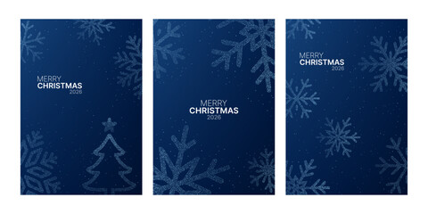 Merry Christmas wishes on glitter snowflake and tree vector card. Winter holiday season greeting design. Festive season celebration.
