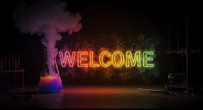 Vibrant neon 'WELCOME' sign illuminates a smoky, colorful science lab setting