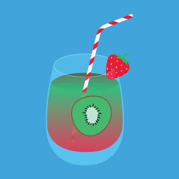 Refreshing red and green layered cocktail decorated with a kiwi slice, fresh strawberry, and a striped red-and-white straw. A summer drink for menus, bar promotions, or tropical parties