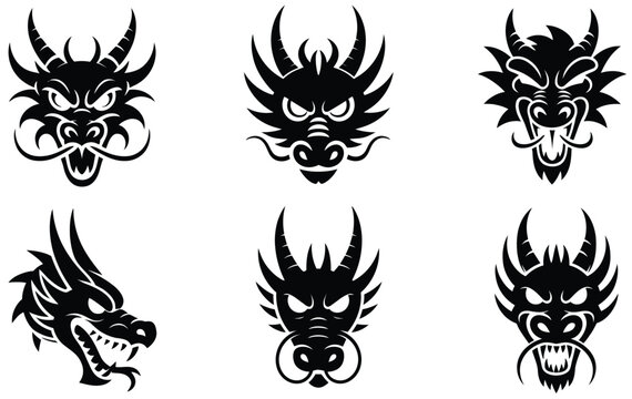 Black and White Dragon Head Front View Silhouette