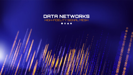 Abstract blue background with golden and blue glowing particles. Data networks and high-fidelity signal mesh concept for technology. © hiten666