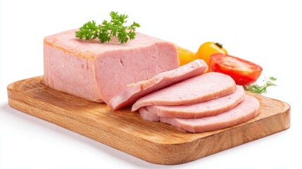 Fototapeta premium Slices of a pink meat loaf rest on a wooden board. Brightly colored cherry tomatoes and fresh herbs add vibrant accents. The setting is simple and inviting.