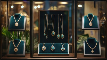 A sophisticated boutique showcase of handcrafted necklaces with stunning green gemstones, elegantly arranged in a luxurious display case