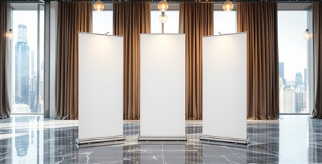 Empty roll-up poster mockups in modern office interior with large windows, marble floor, curtains, and cityscape view in background. Ai generative