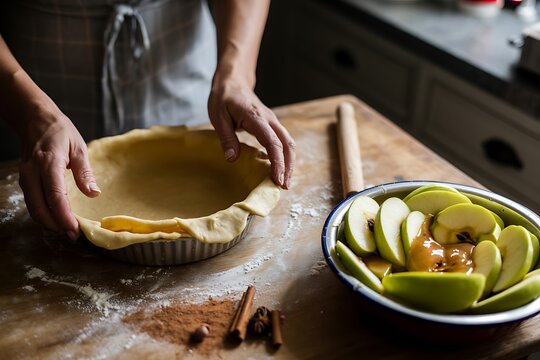 Skilled hands expertly press raw pie crust into a fluted pan next to a bowl of fresh apple slices, ready for baking a delicious dessert.