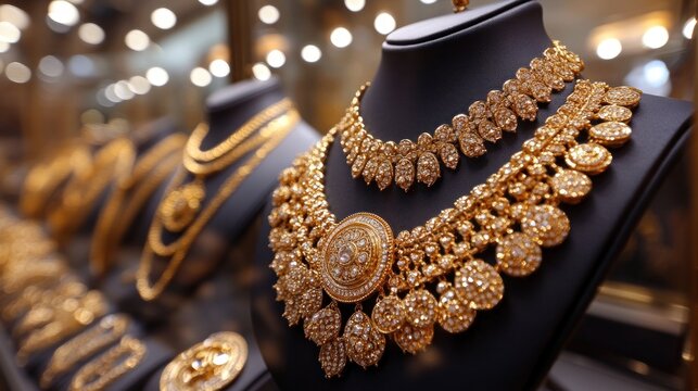 Exquisite gold necklaces displayed in a luxurious jewelry store, showcasing intricate craftsmanship and precious gemstones for a wealthy clientele
