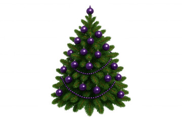 Christmas tree decorating with purple baubles and festive garland for winter holidays, isolated on transparent background