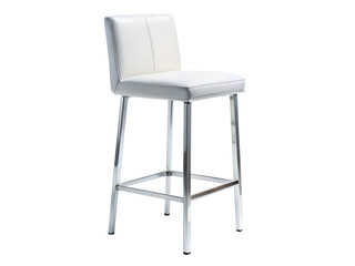 A modern white bar stool with a padded seat and chrome legs isolated on transparent background