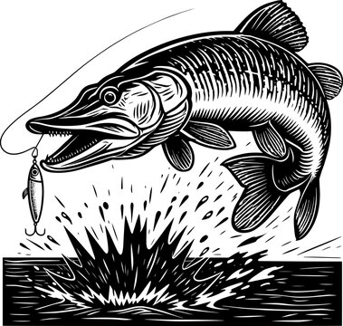 Dynamic musky fishing scene with a large fish leaping out of the water