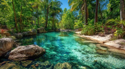 Fototapeta premium A tranquil scene shows a crystal clear blue water pool surrounded by vibrant green trees and tropical plants. Sunlight shimmers on the waters surface creating a calming atmosphere.