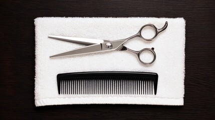 Professional haircut tools including scissors and comb neatly arranged on a white towel against a dark background,