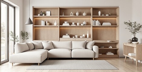 Contemporary minimalist living room interior with built-in wooden shelving, neutral-toned furniture, and natural decor in soft daylight atmosphere. Ai generative