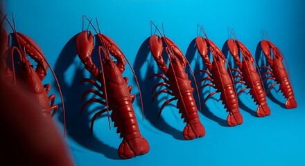 A row of bright red lobsters displayed against a vibrant blue background