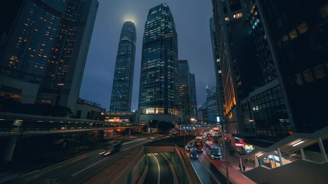 hyper lapse, traffic in Hong Kong at sunset time,  ultra wide lens