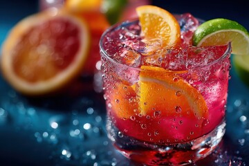 Refreshing red cocktail with citrus slices and ice