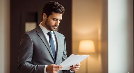 Professional businessman in a sharp grey suit holding documents indoors with a focused and confident demeanor