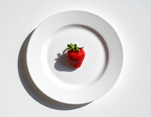Single strawberry on a white plate 