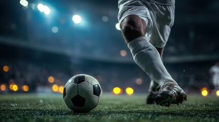 Soccer player kicking ball on field at night