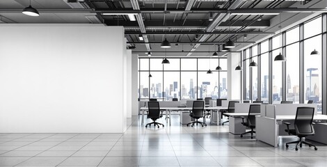Modern open space office interior with large windows, city view, empty white wall and clean workstations in minimalist architecture concept design. Ai generative