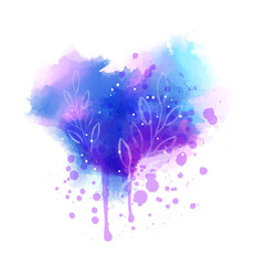 A heart-shaped watercolor design with shades of blue and purple, featuring leaf patterns and small white dots.