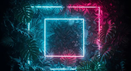 Neon square frame glowing with blue and pink light amidst lush tropical foliage at night