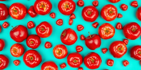 Vibrant red apples on a cyan background form a repeating pattern,  seamless,  collage