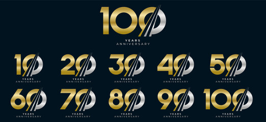 Set of modern vector logo designs for 10th to 100th anniversary with swoosh, in gold color for celebrations, weddings and birthdays