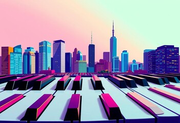 Stylized city skyline composed of piano keys, jazzy colors,  design,  vintage