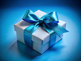 Obraz premium A white gift box with a vibrant blue ribbon and bow, set against a deep blue, softly lit background