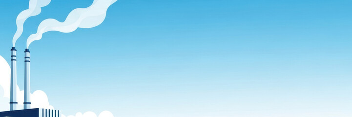 Banner with text area above industrial plant emitting smoke against blue sky. Banner with text area available for your advertising campaign and promotional efforts,