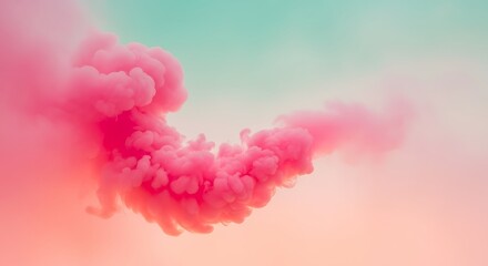 Vibrant pink smoke swirling and billowing against a soft gradient sky of teal and peach, creating an abstract and ethereal atmosphere