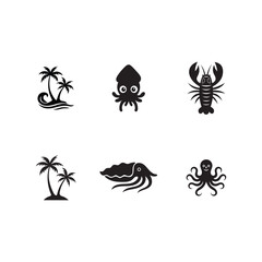  tropical island and sea creatures silhouette icons – palm trees, squid, lobster, octopus, cuttlefish vector set.