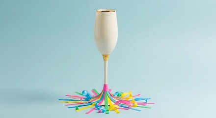 Champagne glass with party streamers on a blue background