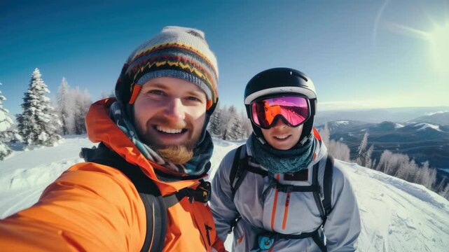 A man and a woman in ski gear, smiling and looking directly at the camera, surrounded by snowy mountains with clear skies above.