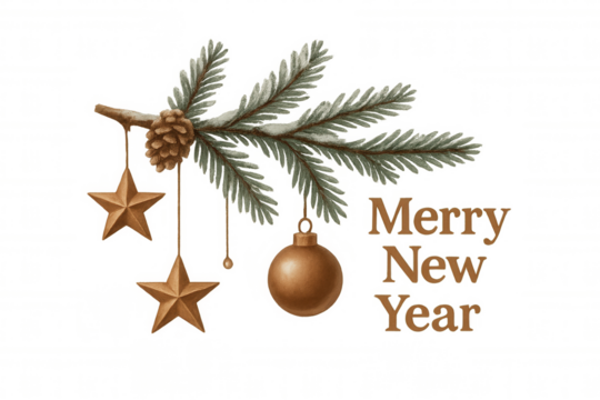 Pine branch with snow, pinecone, and golden stars, bauble, merry new year text, transparent background