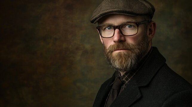 Portrait of a thoughtful man with glasses, a beard, and a tweed cap, looking serious