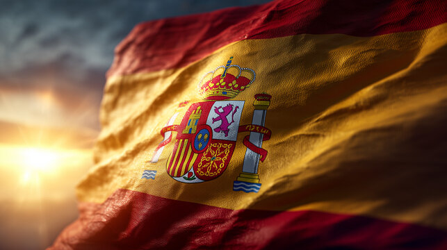 Close-up of Spanish flag waving beautifully in the wind at golden sunset, detailed fabric texture, Spain national symbol, patriotic pride, independence and D&iacute;a de la Hispanidad celebration