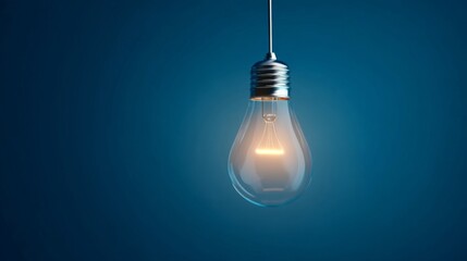 A single glowing incandescent bulb hangs from the ceiling against a solid blue background,