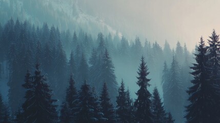A dense winter forest covered in snow, tall conifer trees, serene atmosphere, soft blue sky, misty landscape,