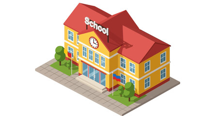 Isometric school building with red roof and yellow walls illustration.