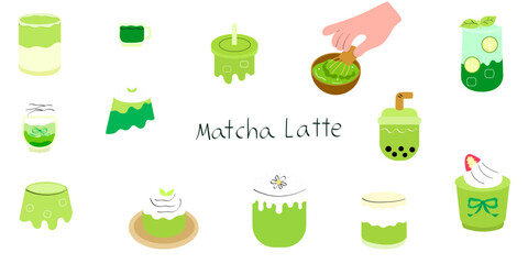 Set of matcha drinks with latte, bubble tea, lime soda, hot tea and whipped cream illustration